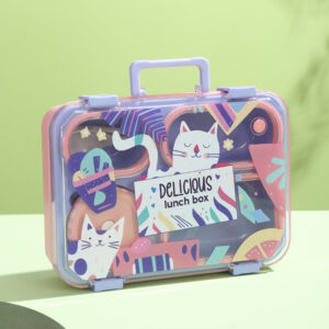 7170-UV Printed Handheld Cartoon Cat individual Sealed leak-proof Four Grid Bowl Plastic Meal Box (1000ml+150ml)