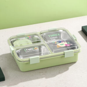 7135-UV printed large three grid sauce box with raised stainless steel lunch box 900+70ml