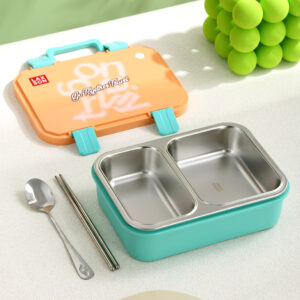 7155A-UV printed portable suitcase with individual sealed leak-proof two compartment stainless steel lunch box (750ml)