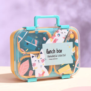 7168-UV Printed Handheld Cartoon Cat individual Sealed leak-proof Three Grid Plastic Meal Box (800ml)