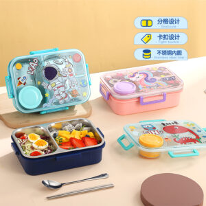 2578-800ml Colorful Cartoon Independent Sealed Meal Box (2 compartments with stainless steel spoons and chopsticks+PP sauce cup 80ml)