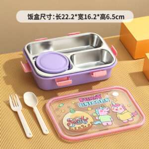 7200-UV 700ml Cartoon stainless steel lunch box-3 Grid（PP fork and ladle+PP soup bowl）
