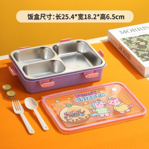 7201-UV 900ml Cartoon stainless steel lunch box-3 Grid（PP fork and ladle+PP soup bowl）