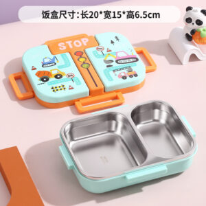 7159-600ml independent sealed stainless steel dining box with 2 compartments (equipped with PP folding spoon)