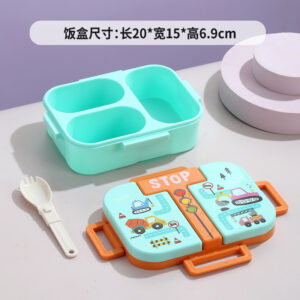 7172-850ml independent sealed children's fun plastic lunch box with 3 compartments (equipped with PP folding spoon)