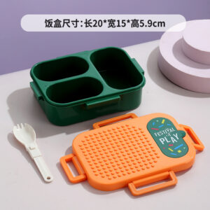 7174-850ml independent sealed block plastic lunch box with 3 compartments (equipped with PP folding spoon)