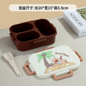 7188-850ml UV independent sealed cardboard family plastic lunch box with 3 compartments (equipped with PP folding spoon)