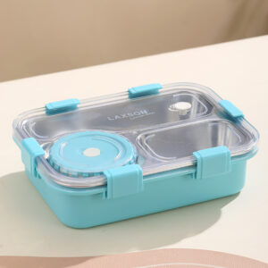 7095A-Three grid stainless steel lunch box 700ml+PP bowl 150ml (with plastic fork spoon, no color box)
