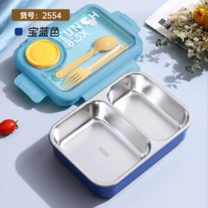 2554-750ml independent sealed stainless steel lunch box 2 compartments+sauce cup 80ml+PP spoon fork