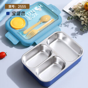 2555-750ml independent sealed stainless steel lunch box with 3 compartments, 80ml sauce cup, and PP spoon fork
