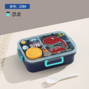 2584-1.2L Colorful Cartoon Independent Sealed Plastic Meal Box (3 compartments+80ml Sauce Cup+PP Spoon)