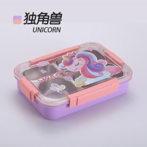 2587-Colorful cartoon sealed stainless steel lunch box (4 compartments 900ml+stainless steel chopsticks and spoons)