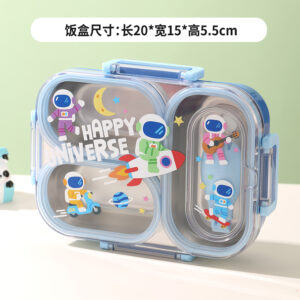 7164-600ml UV independent sealed cartoon stainless steel dining box with 3 compartments (equipped with PP folding spoon)
