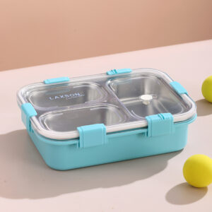 7059A-Three grid stainless steel lunch box 750ml (with plastic fork spoon, no color box)