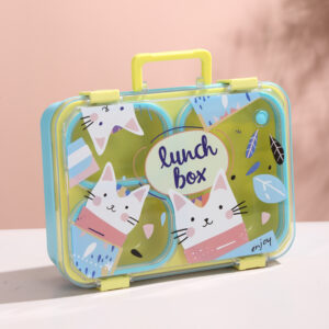 7169-UV printed portable cartoon cat individual sealed leak-proof three compartment plastic lunch box (1200ml)