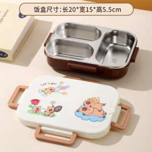 7190-600ml UV independent sealed card leather family stainless steel lunch box with 3 compartments (equipped with PP folding spoon)