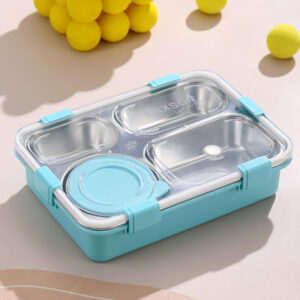 7072A-Four grid stainless steel lunch box 850ml+stainless steel bowl 150ml (with plastic fork spoon, no color box)