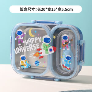 7163-600ml UV independent sealed cartoon stainless steel lunch box with 2 compartments (equipped with PP folding spoon)