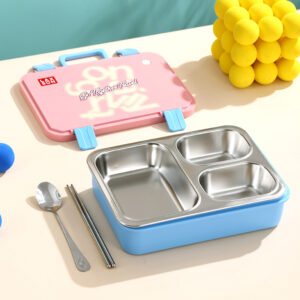 7157A-UV printed portable suitcase with individual sealed three compartment leak-proof stainless steel lunch box (850ml)