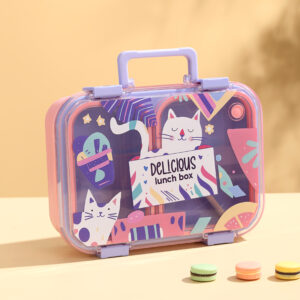 7167-UV Printed Handheld Cartoon Cat individual Sealed leak-proof Two Grid Plastic Meal Box (950ml)