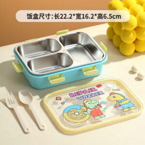7199-UV 750ml Cartoon stainless steel lunch box-3 Grid（PP fork and ladle）