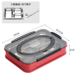 2523-stainless steel portable lunch box (three compartments) (with stainless steel chopsticks and spoons+PP spoons and forks included) 1000ml with color box