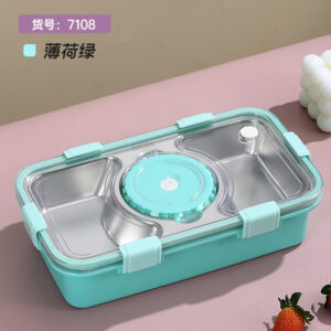 7108-Light stainless steel lunch box with three compartments and large bowl 650ml+150ml